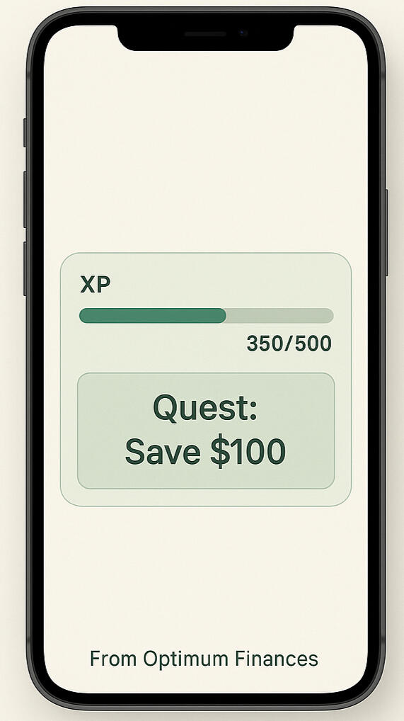 FinLi mobile mockup showing XP bar and ‘Quest: Save $100’.